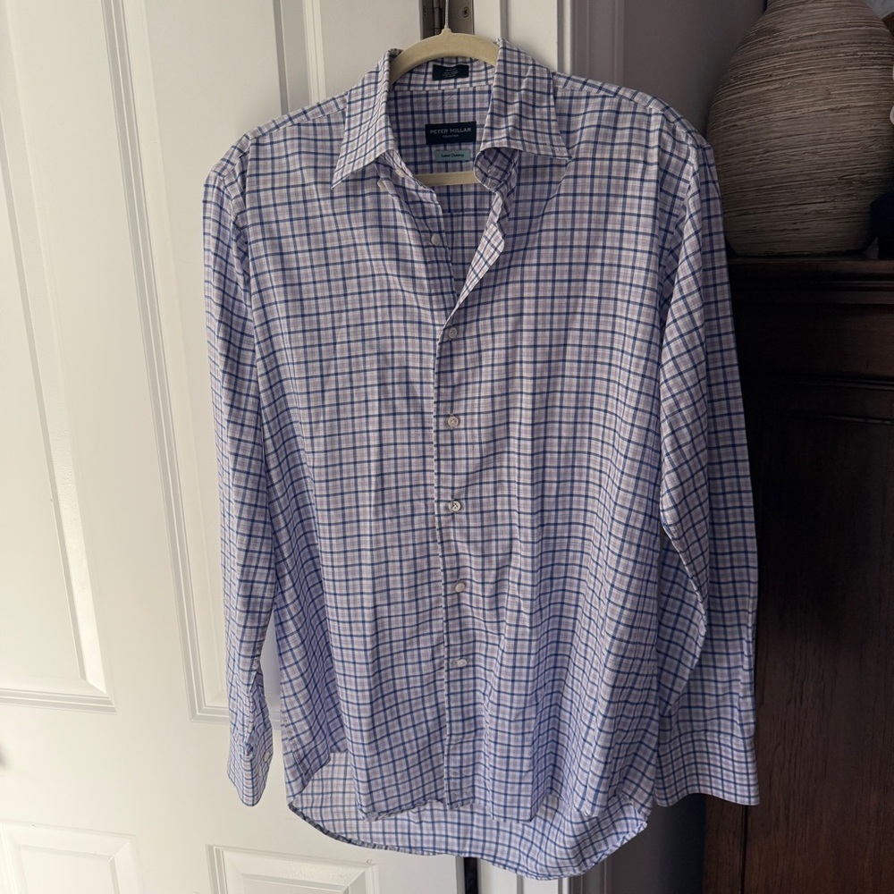 Peter Millar Summer Chambray Purple Plaid Long Sleeve Button Down Shirt